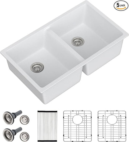 Dcolora 33 Inch Double Bowl Undermount Kitchen Sink White Deep Double Basin Prep Sink 50/50 Split Granite Composite 33"×19"×10“,#DC-GU001W