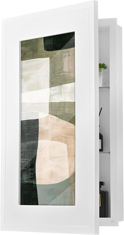 Concealed Medicine Cabinet 14×24 Recessed, Picture Frame Medicine Cabinet, Farmhouse White Wood Frame, 3 Shelves, 100% Handmade, Fully Assembled Wall Niche Insert For Bathroom,Bedroom,Hallway(White)