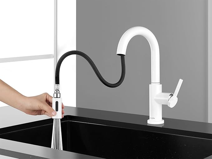 AguaStella AS32W Shiny White Bar Faucet or Prep Sink Faucet with Pull Down Sprayer Single Handle