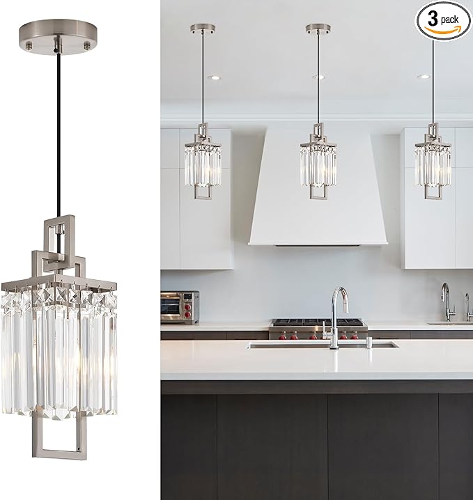 Modern Brushed Nickel Pendant Light Fixture for Kitchen Island and Dining Room, Industrial Small Hanging Crystal Chandelier Light Fixture for Bedroom Entryway Living room Foyer Hallway 3-Pack