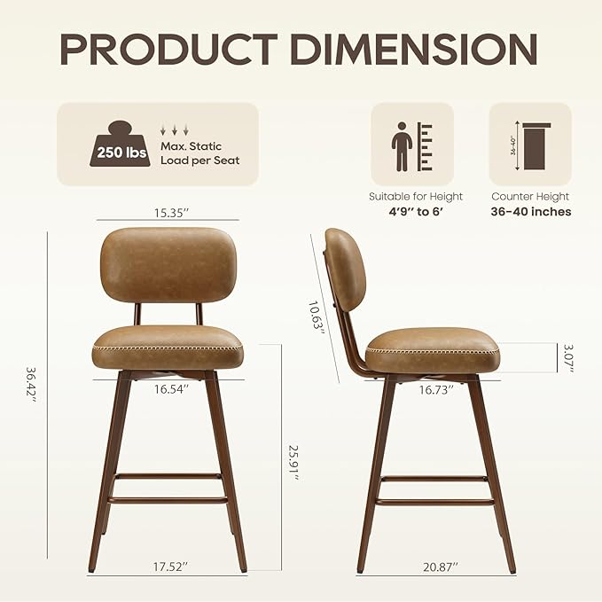 MALOL 26“ PU Leather Swivel Bar Stools Set of 2, Mid Century Counter Height Bar Chairs with Low Back and Metal Legs, Modern Bar Stool Chair for Kitchen Island, Brown