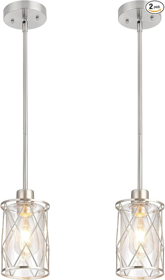 Refice Glass Pendant Lights Kitchen Island, Brushed Nickel Kitchen Hanging Light with Clear Glass, Farmhouse Cage Mini Pendant Lighting for Sink Dining Room Bedroom Bar, 2 Pack