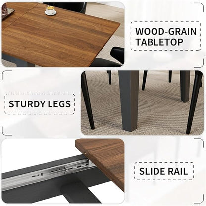 ODC 71" to 106" Extendable Dining Table, Expandable Large Kitchen Table Seats 6-10 People, Space-Saving Woodgrain Dining Room Table & Home Office Conference Desk, Walnut and Black