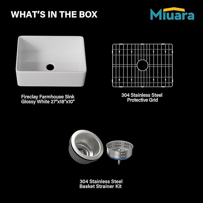 Miuara Farmhouse Sink 27 Inch - Small Apron Front Undermount Kitchen Sink Reversible 27"x18"x10", Farm House Style Single Bowl, Heavy Duty Solid Fireclay, White, for Kitchen & Laundry & Small Space