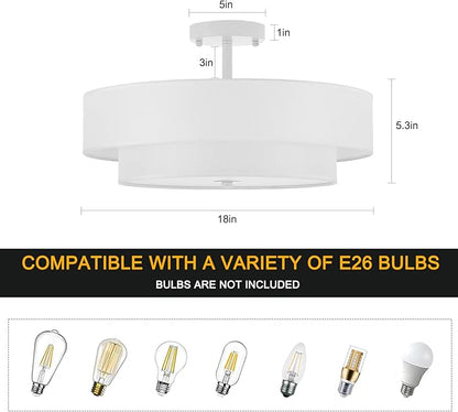 Modern Semi Flush Mount Ceiling Light, 18" Modern White 3-Lights Drum Ceiling Lighting Fixture, Vintage Linen White Ceiling Lamp for Laundry Room, Kitchen, Basement, Dining Room, Bedroom