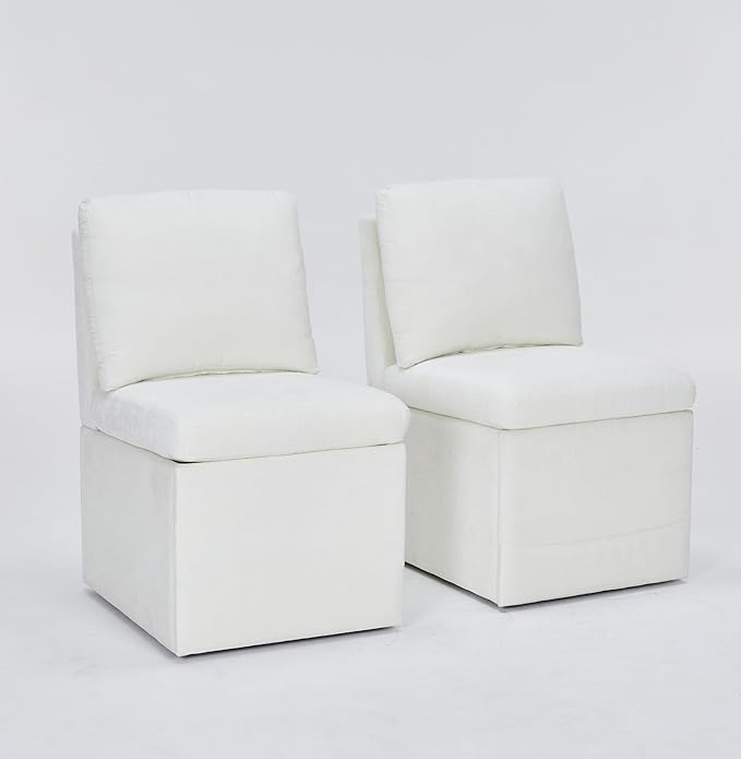 Set of 2 Linen Upholstered Armless Dining Chair with Casters and Storage Space, Modern Dining Room Chairs with Wheels for Dining Room Kitchen Bedroom Reading Room Living Room, Ivory