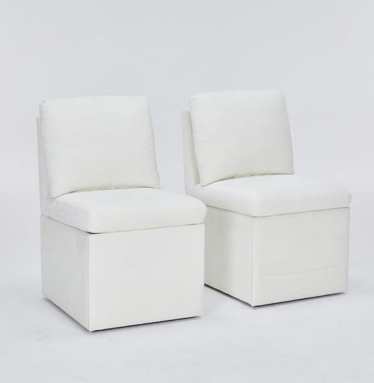 Set of 2 Linen Upholstered Armless Dining Chair with Casters and Storage Space, Modern Dining Room Chairs with Wheels for Dining Room Kitchen Bedroom Reading Room Living Room, Ivory