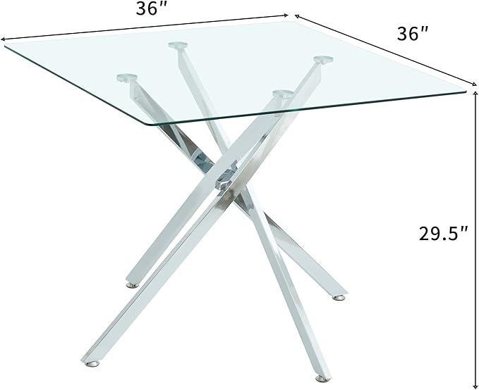 Glass Dining Table,36'' Square Dining Kitchen Table,Modern X-Design Dining Room Table with Silver Metal Base for Dining Room