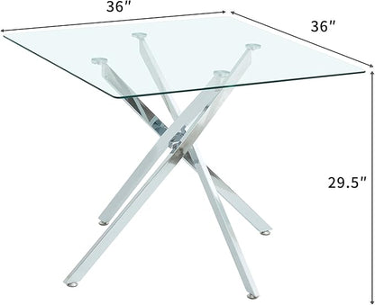 Glass Dining Table,36'' Square Dining Kitchen Table,Modern X-Design Dining Room Table with Silver Metal Base for Dining Room
