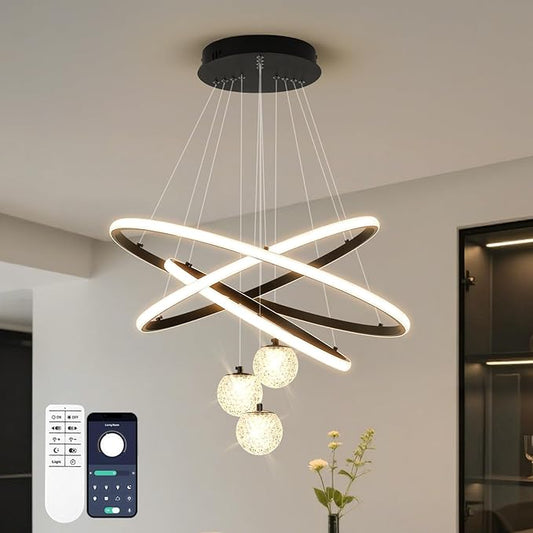 ORANOOR LED Modern 3 Ring Chandeliers for Dining Room, 24in Dimmable Kitchen Pendant Lamp, Black Dining Room Light Fixtures Ceiling Hanging Over Table, Globe Round Chandeliers for Living Room Bedroom
