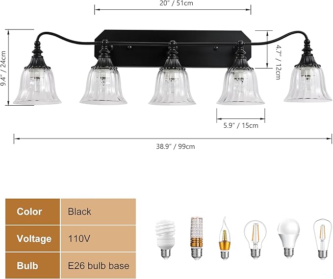 LmnLvn Bathroom Vanity Black Vintage Light Fixture, 5 Lights Bathroom Lighting Matte Antique Brass Finish with Crystal Glass Shade, Black Vintage Vanity Light