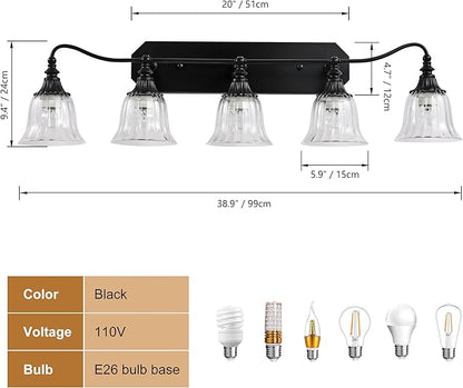 LmnLvn Bathroom Vanity Black Vintage Light Fixture, 5 Lights Bathroom Lighting Matte Antique Brass Finish with Crystal Glass Shade, Black Vintage Vanity Light