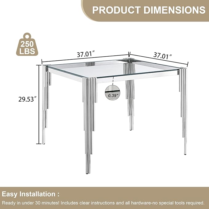 Modern Square Glass Dining Table for 4 People, Compact 37" Clear Tempered Glass Desktop with Silver Mirrored Stainless Steel Legs for Small Spaces, Perfect for Apartments