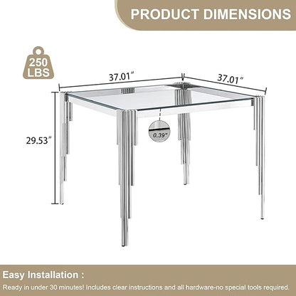 Modern Square Glass Dining Table for 4 People, Compact 37" Clear Tempered Glass Desktop with Silver Mirrored Stainless Steel Legs for Small Spaces, Perfect for Apartments