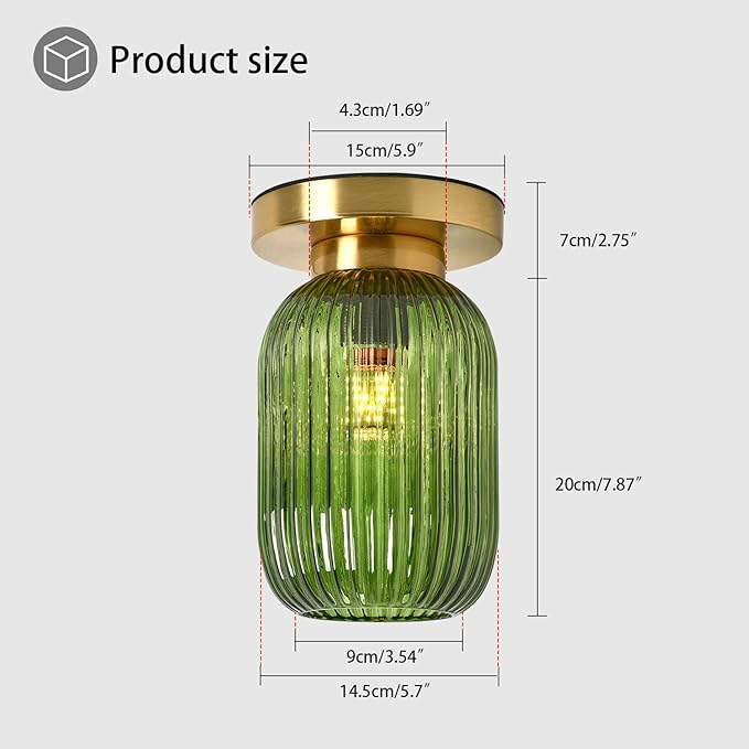 Flush Mount Ceiling Light Glass Gold Chandelier Hallway Lighting Fixture Green Glass Lampshade Farmhouse Lighting Vintage Ceiling Lamp for Living Room Porch Bedroom