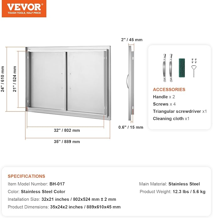 VEVOR BBQ Double Door, 35W x 24H Inch Stainless Steel Flush Mount Vertical Door with Handles, for Grilling Station