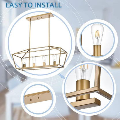 BONLICHT Modern 4 Light Farmhouse Chandelier Gold Linear Kitchen Island Pendant Light Traditional Rectangular Dining Room Lighting Fixture Hanging Metal Cage Pendant Lamp for Hallway Foyer