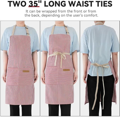 NLUS 2 Pack Kitchen Cooking Aprons, Adjustable Bib Soft Chef Apron with 2 Pockets for Men Women (Black Pinstripes/Pink Pinstripes)