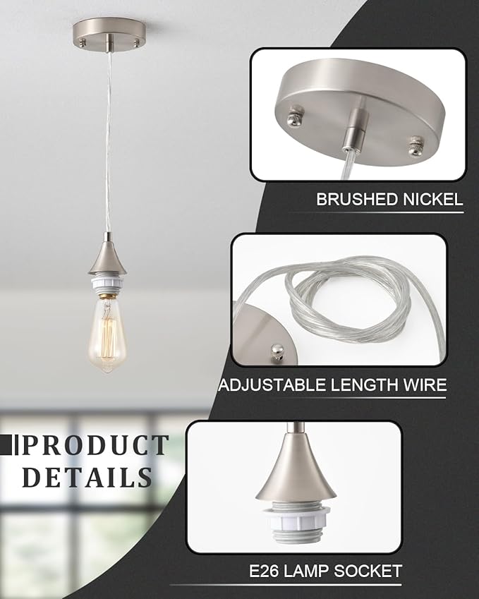 Vintage Brushed Nickel Pendant Light Kit,E26 Lamp Socket DIY Pendant Light Cord,Adjustable Hanging Light Fixtures for Kitchen,3Pack