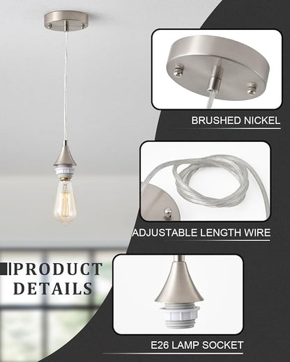 Vintage Brushed Nickel Pendant Light Kit,E26 Lamp Socket DIY Pendant Light Cord,Adjustable Hanging Light Fixtures for Kitchen,3Pack