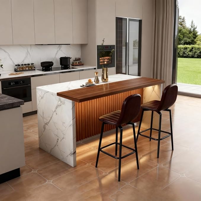 63 Inch Kitchen Island with 4 Deep Brown Bar Stools – White Marble Countertop, Integrated LED Lighting & Grille Design, Multi-Functional Breakfast Bar for Dining Rooms, (White+2dark Brown)