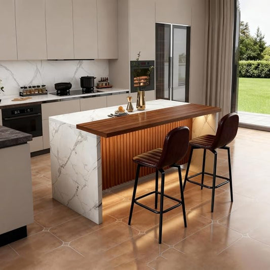 63 Inch Kitchen Island with 4 Deep Brown Bar Stools – White Marble Countertop, Integrated LED Lighting & Grille Design, Multi-Functional Breakfast Bar for Dining Rooms, (White+2dark Brown)