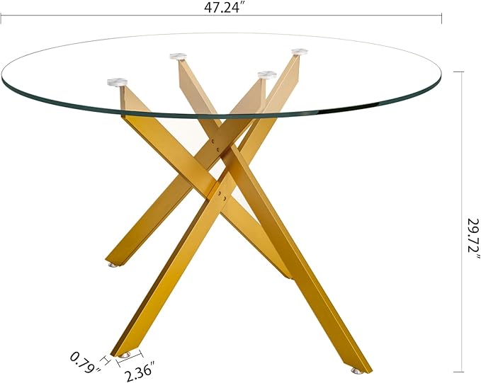 SSLine Glass Dining Table,47.25'' Round Dining Kitchen Table,Modern X-Design Dining Room Table with Gold Metal Base for Dining Room (Gold,47'',Round)
