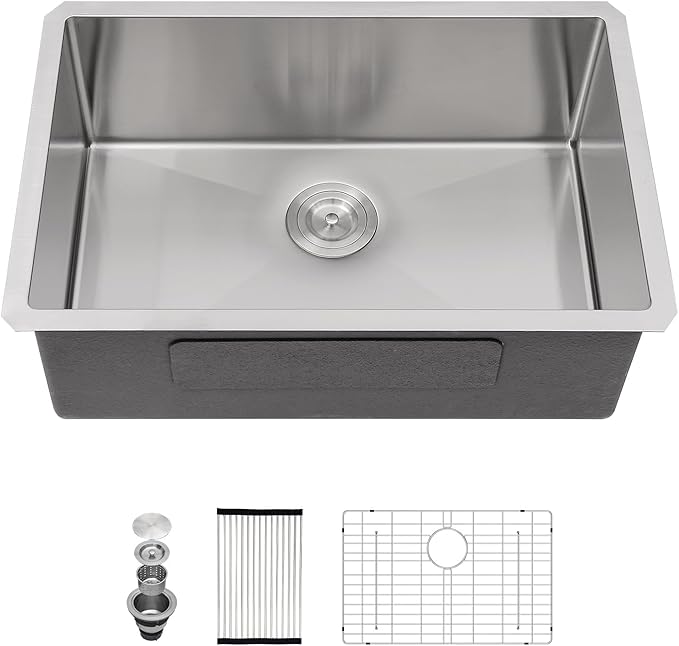 27x18 Inch Undermount Kitchen Sink 16 Gauge 304 Stainless Steel Handmade Single Bowl Deep Basin Modern Under Counter Design