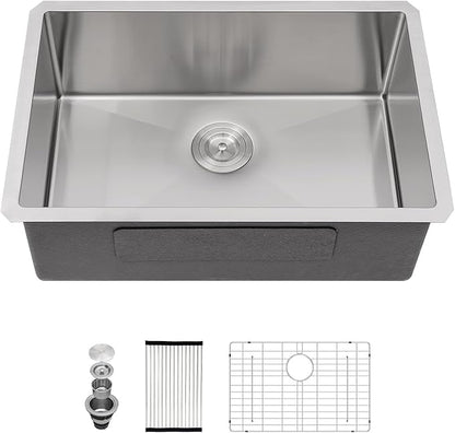 27x18 Inch Undermount Kitchen Sink 16 Gauge 304 Stainless Steel Handmade Single Bowl Deep Basin Modern Under Counter Design