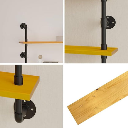 HDDFER Industrial Pipe Wall Shelves - 60" Rustic Natural Oak Solid Wood, 9.85" Deep Floating Shelving for Farmhouse Rustic Decor, Sturdy Storage for Books/Plants/Toiletries