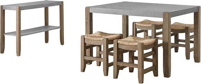 Alaterre Furniture Newport Dining Table for 4 – Rustic Industrial 6-Piece Dining Set Includes 48” x 30” Faux Concrete Kitchen Table, 4 Rush-Seat Stools & Side Buffet Console for Small Spaces