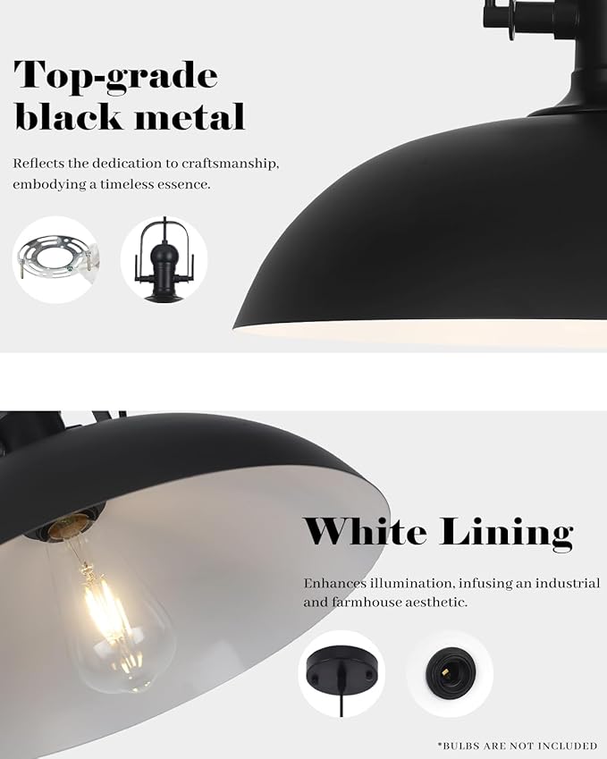 Black Pendant Lights Kitchen Island 2 Pack, Dome Pendant Light 13.8" W, Black Farmhouse Pendant Light for Kitchen Barn Hallway Porch Dining Room