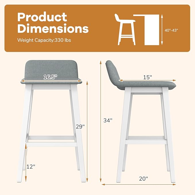 Giantex 29" Bar Stools Set of 2, Upholstered Bar Height Barstools with Low Back, Footrest, Armless Wood Bar Chairs for Kitchen Island, Dining Room, White & Gray