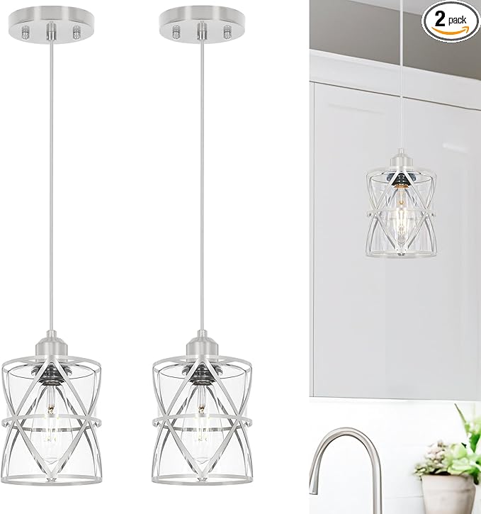 Brushed Nickel Pendant Lights for Kitchen Island, 2 Pack Adjustable Bathroom Pendant Light, Modern Hanging Lights with Clear Glass for Dining Room Island Sink, E26 Base,5.51'' Shade 59.06''Cord