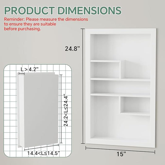 Stainless Steel Recessed Medicine Cabinet 14 * 24, Rust-proof Metal Wall Niche, In Wall Shower Niche Shelf Insert Replacement, Recessed Medicine Cabinets for Drywall, with 5 Compartments, White