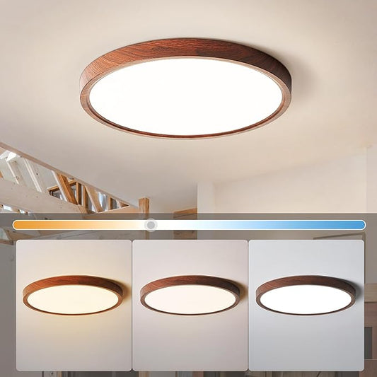HEYAN Walnut Wood Flush Mount Ceiling Light Fixture,12 Inch Dimmable LED Ceiling Light with 3000K-4000K-6000K Selectable Flat Low Profile Round Ceiling Lights for Bedroom Hallway Laundry (1 Pack)