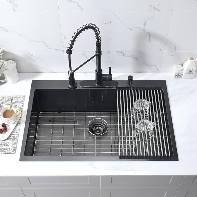 33-Inch Black Stainless Steel Drop-In Kitchen Sink - 33x22 Topmount Single Bowl With Dish Grid & Roll Up Rack - 16 Gauge Deep Matte Black