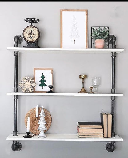 HDDFER Industrial Pipe Shelving Rustic White Pipe Wall Shelves Bathroom Shelves with Wood Planks Industrial Floating Shelves 30 Inch Farmhouse Bookshelf Pipe Shelves Wall Mounted