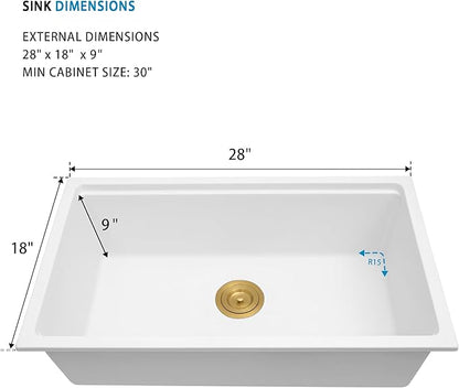 White Undermount Kitchen Sink 28 Inch - Drop In Granite Quartz Composite Workstation Sink - Deep Single Bowl,Dual Mount,with Accessories (White, 28" x 18")