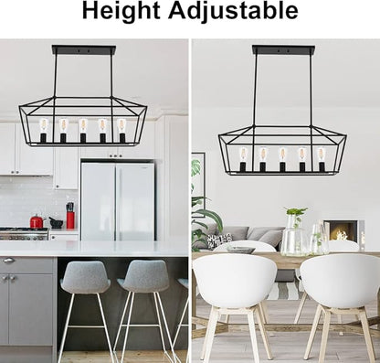 VINLUZ Farmhouse Kitchen Island Lighting,5 Light Industrial Linear Chandelier for Dining Room Metal Matte Black Finish Hanging Pendant Light Fixture for Bedroom Living Room Hallway