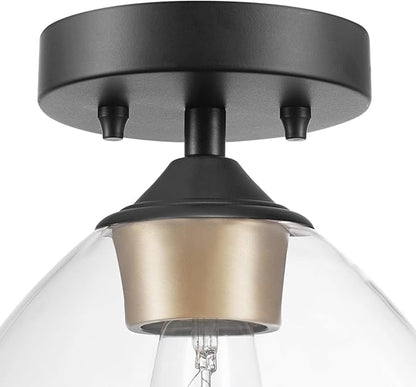 Globe Electric Harrow 1-Light Semi-Flush Mount Ceiling Light with a Matte Black Finish, Gold Accent Socket and Clear Glass Shade, Dimmable Option
