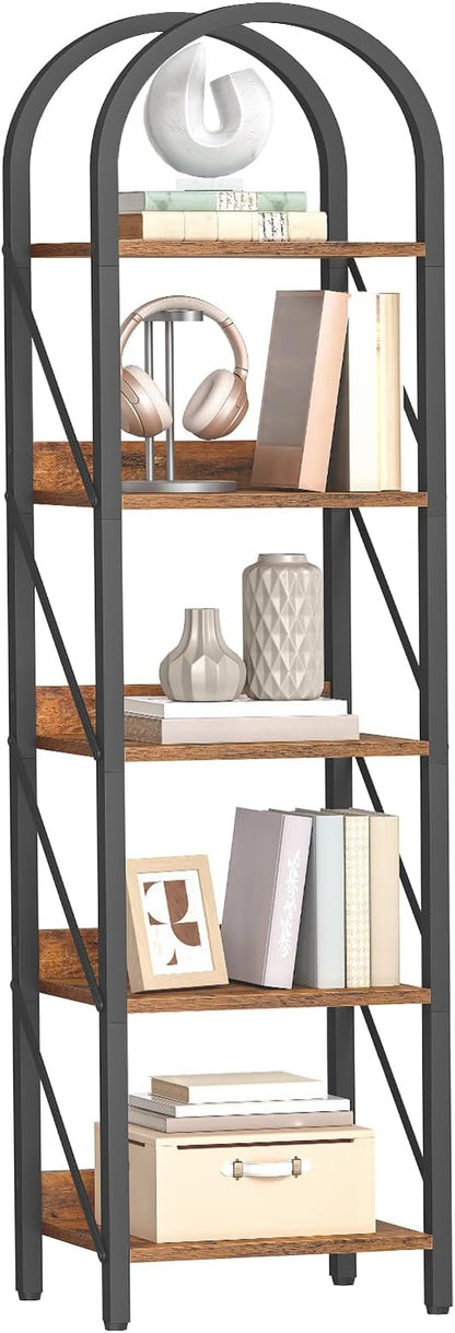 HOOBRO Bookshelf, 5-Tier Bookshelf Arched Display Racks, Industrial Bookcase with Metal Frame, Book Shelf Storage Organizer for Living Room, Office, Bedroom, Rustic Brown and Black BF425SJ01