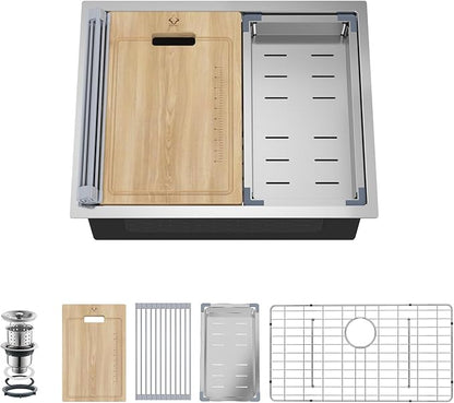 23 Inch Undermount Kitchen Sink 16 Gauge Stainless Steel Ledge Workstation Sink Round Corners Deep Single Bowl Kitchen Sinks with Accessories 23"x19"x10"
