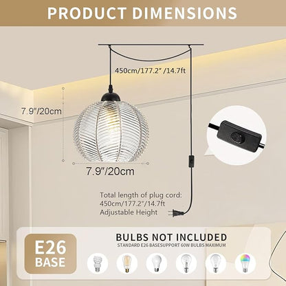 Glass Globe Plug in Pendant Light 7.9″ Clear Ribbed Glass Shade Modern Pendant Light 14.7ft Plug in Cord Vintage Hanging Lights Fixtures Boho Swag Lamp Cord for Living Room Kitchen