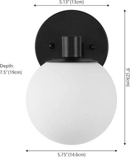 JONATHAN Y 5.75" Black/White 1-Light Modern Globe LED Vanity Wall Sconce Light, White Frosted Glass Shade, Mid-Century Art Deco Wall Lamp for Bathroom, Kitchen, Hallway (JYL3540B)