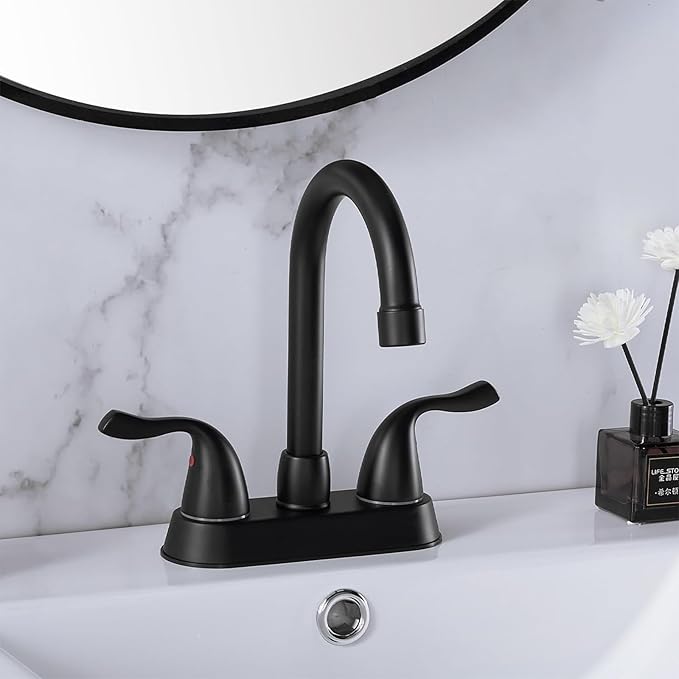 HOTIS Matte Black 4-Inch Centerset Bathroom Faucet, 2-Handle 3-Hole Sink Faucet with Pop-up Drain & Supply Lines