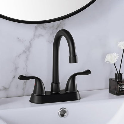 HOTIS Matte Black 4-Inch Centerset Bathroom Faucet, 2-Handle 3-Hole Sink Faucet with Pop-up Drain & Supply Lines