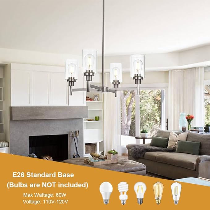 VINLUZ 4 Light Modern Chandelier Brushed Nickel Pendant Lighting Clear Glass Shades Contemporary Ceiling Light Fixtures for Dining Room Kitchen Living Room