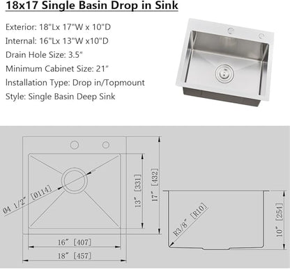 18 inch Drop in Kitchen Sink, 18" x 17" Drop in Utility Sink 16 Gauge Stainless Steel Small Wet Bar Prep Sink Single Bowl Deep Basin