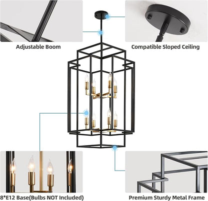 8-Lights Tiered Lantern Pendant Light, Black and Gold Farmhouse Chandelier, Industrial Large Chandeliers for High Ceiling, Modern Foyer Lighting Fixture, for Living Room Entryway Staircase